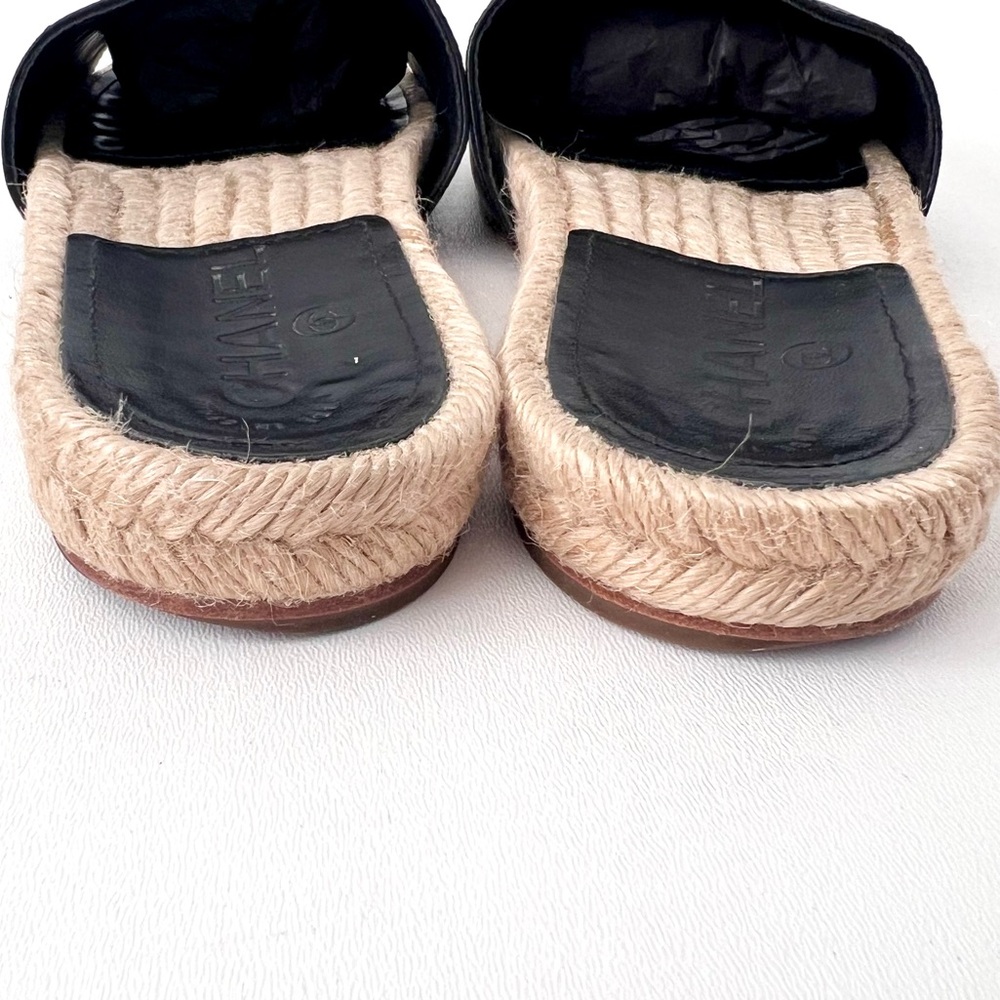 CHANEL | Pearl Embellished CC Logo Black Leather Espadrille Slide Sandals EU 37 - Picture 9 of 14